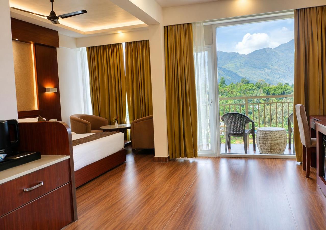 Balcony overlooking misty mountain ridge